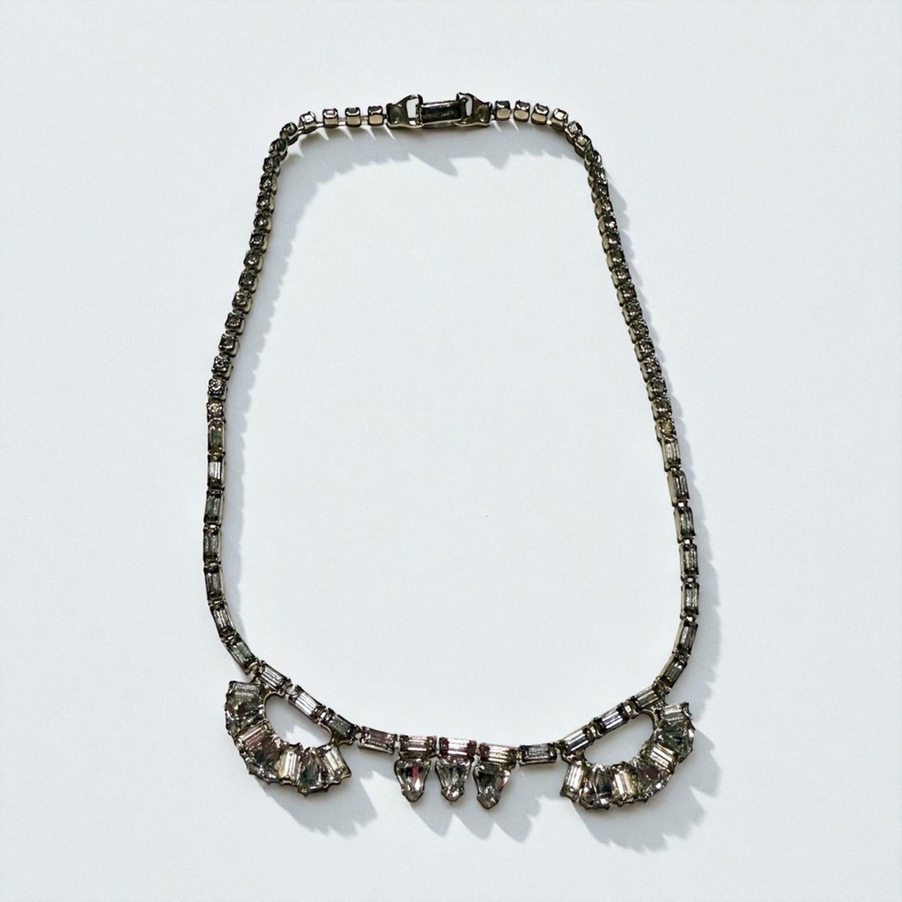 Vintage Rare Garne Art Deco Rhinestone Necklace Silver Tone Statement Jewelry